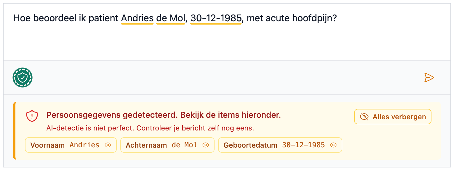 PII detectie waarschuwing in Ask Aletta